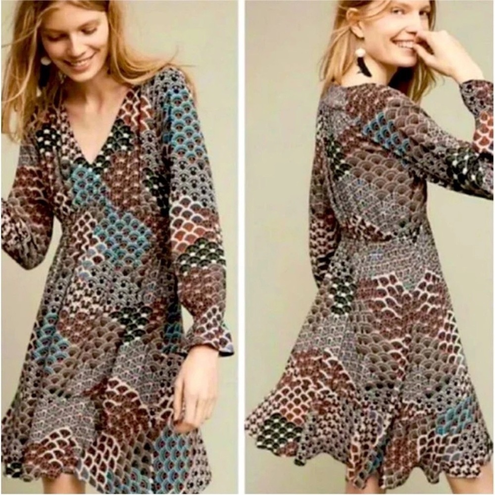 Women's Maeve by Anthropologie Multicolor Scallop-Print V-Neck Long Sleeve Dress